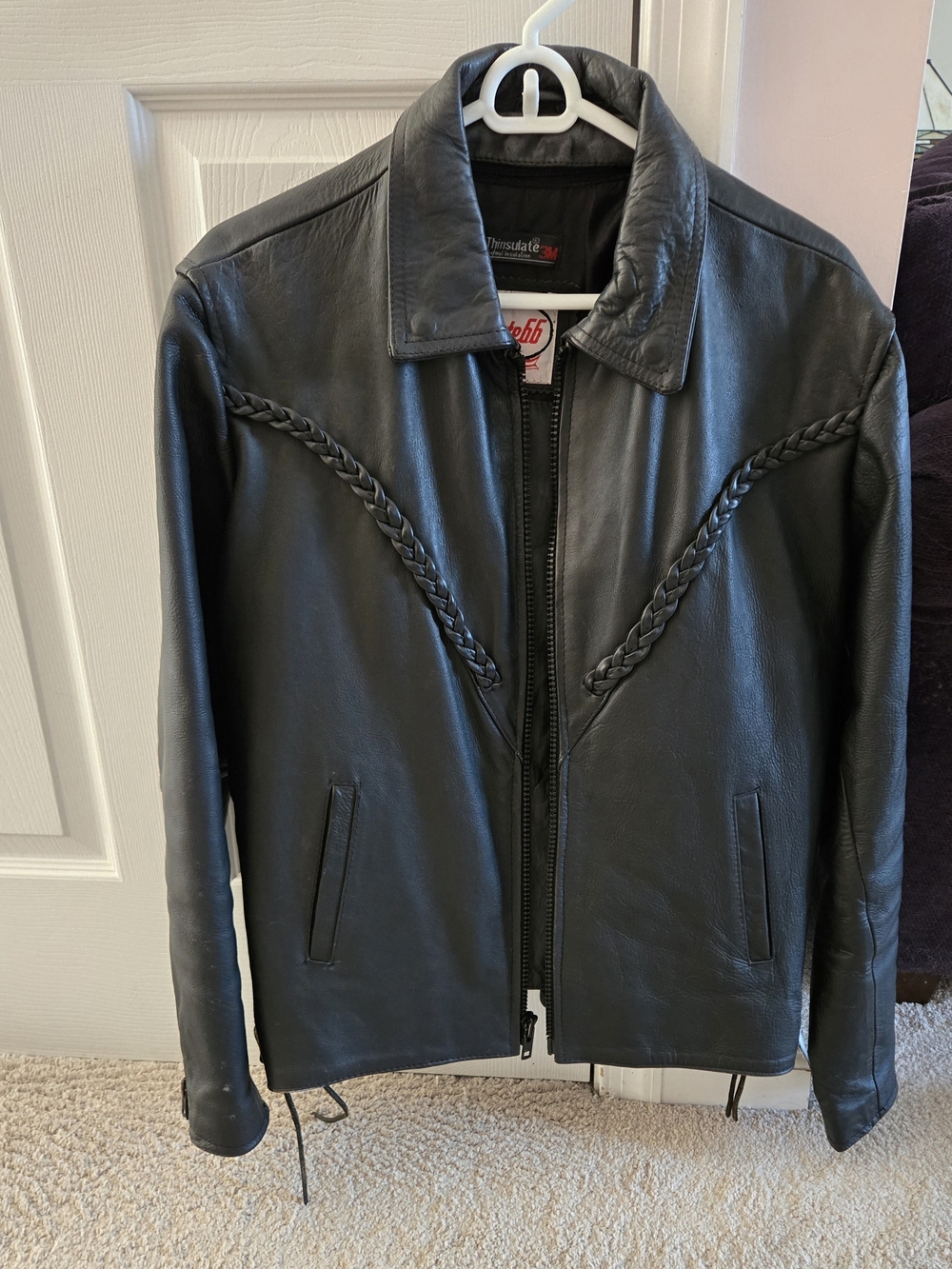 Route 66 Black Braided Leather Bomber Jacket